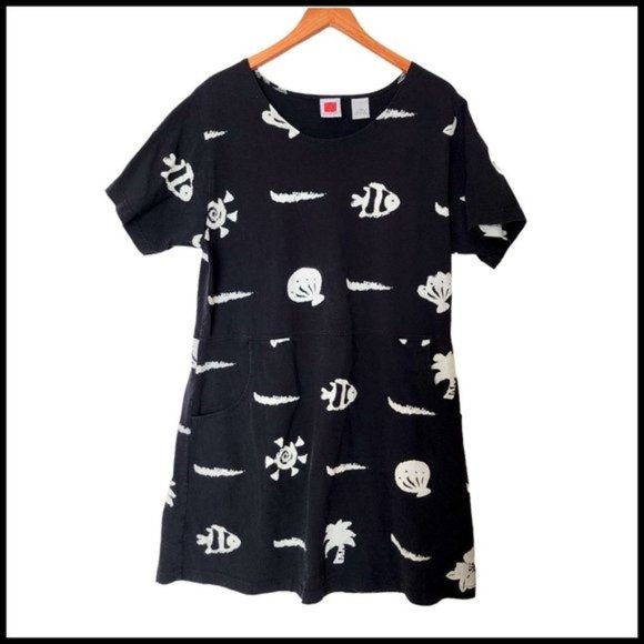 Red Ginger Black Tropical Fish Dress Beach Cover-Up L Pockets Cotton‎ - Picture 1 of 11